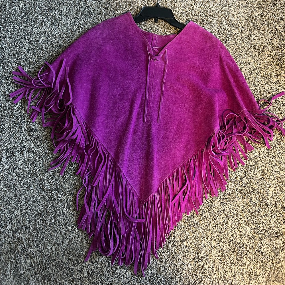 Vintage Fringe Poncho- 100% real leather suede